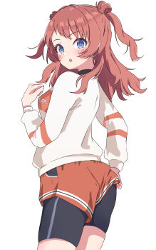1girl absurdres adjusting_clothes adjusting_shorts bike_shorts bike_shorts_under_shorts black_shorts blue_eyes blush brown_hair chibi commentary_request gakuen_idolmaster hanami_saki highres idolmaster long_hair open_mouth orange_shorts shirt shorts simple_background solo two_side_up urishima white_background white_shirt