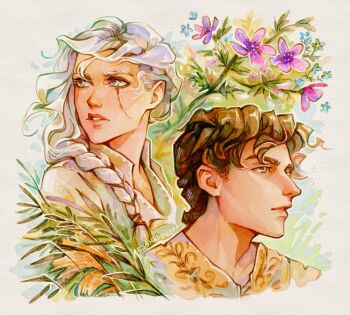 1boy 1girl blue_eyes braid braided_ponytail brown_hair ciri flower highres long_hair purple_flower sashadowart scar scar_across_eye scar_on_face shirt short_hair the_witcher_(series) upper_body white_hair white_shirt