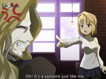 1boy 1girl anger_vein angry arcueid_brunestud beard blue_skirt breasts carnival_phantasm closed_eyes english_text facial_hair fake_screenshot fate/apocrypha fate_(series) grin large_breasts lightarc00 long_hair miniskirt open_mouth pantyhose pointing pointing_at_another red_eyes short_hair skirt smile sweater trait_connection tsukihime tsukihime_(remake) turtleneck turtleneck_sweater vampire very_long_hair vlad_iii_(fate/apocrypha) wavy_hair white_sweater