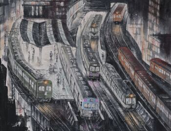 6+others absurdres building city city_lights dark from_above highres keio_corporation multiple_others multiple_unit_train night original painting_(medium) pantograph railroad_tracks scenery shibuya_station subway tanamachi_yoshihiro tokyo_(city) tokyu_railways traditional_media train train_station train_station_platform window