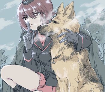 Rule 34 | 10s, 1girl, black footwear, black gloves, black jacket, black legwear, breath, brown eyes, brown hair, commentary request, dog, garrison cap, german shepherd, girls und panzer, gloves, hat, highres, jacket, jacket on shoulders, kuroi mimei, kuromorimine military uniform, making-of available, nishizumi maho, red shirt, red skirt, shirt, shoes, short hair, skirt