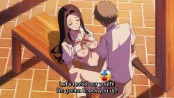 2boys 2girls animated anime_screenshot blush bottomless bouncing_breasts breasts brown_hair brown_pants capelet censored green_eyes green_hair hair_bun hair_ribbon highres large_breasts long_hair missionary multiple_boys multiple_girls navel nipples no_bra novelty_censor nukigee_mitai_na_shima_ni_sunderu_watashi_wa_dou_surya_ii_desu_ka? outdoors pants public_indecency red_ribbon reizeiin_touka ribbon sailor_collar school_uniform sex shirt smile sound spread_legs stomach subtitled tachibana_junnosuke tagme torso_grab vaginal video walking white_capelet white_sailor_collar white_shirt