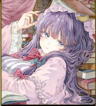 Rule 34 | 1girl, blue bow, book, bookshelf, bow, commentary, crescent, crescent hat ornament, dress, expressionless, frilled dress, frills, hair bow, hat, hat ornament, highres, kisarush, long hair, looking at viewer, lying, mob cap, on back, patchouli knowledge, pink hat, purple eyes, purple hair, red bow, solo, striped clothes, striped dress, touhou, untranslatable commentary, upper body