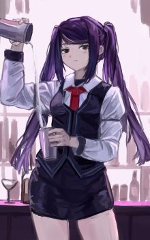 1girl absurdres alcohol bar_(place) black_hair black_skirt black_vest blush_stickers bottle breasts collared_shirt commentary cowboy_shot cup drinking_glass english_commentary highres jill_stingray long_hair long_sleeves looking_at_viewer medium_breasts miniskirt necktie pencil_skirt pouring pouring_onto_self red_eyes red_necktie red_wine shirt skirt solo swept_bangs twintails va-11_hall-a vanilla_flan vest wine wine_bottle wine_glass
