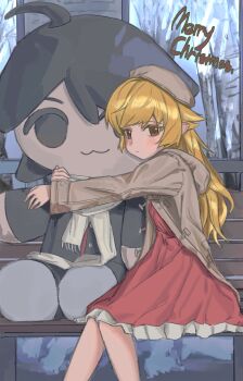 1girl :3 absurdres araragi_koyomi blonde_hair blush brown_jacket chair character_doll commentary_request doll dress english_text highres hugging_doll hugging_object jacket long_hair looking_at_viewer merry_christmas monogatari_(series) naoetsu_high_school_uniform on_chair oshino_shinobu pink_dress pointy_ears school_uniform sitting solo stuffed_toy user_vvvp2354 yellow_eyes