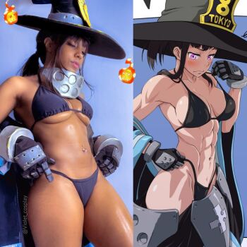 bikini bikini_under_clothes black_hair cosplay en&#039;en_no_shouboutai firefighter_jacket hat highres jacket maki_oze maki_oze_(cosplay) photo_(medium) pink_eyes swimsuit undressing violet_cosplay witch_hat