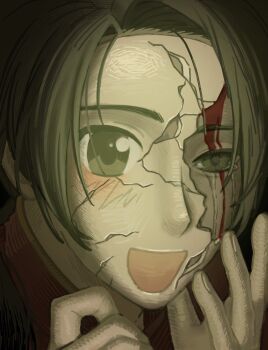 Rule 34 | 1boy, axis powers hetalia, blood, blood on face, broken mask, brown eyes, brown hair, changpao, china (hetalia), chinese clothes, commentary request, cracked kawaii mask, crying, crying with eyes open, empty eyes, eye reflection, hand on own face, hands up, highres, japan (hetalia), long hair, looking at viewer, low ponytail, male focus, mandarin collar, mask, mm215nnn, open clothes, ponytail, red shirt, reflection, shirt, sidelocks, smile, solo, tears, upper body