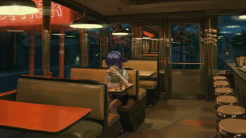 1girl absurdres an_yb bar_stool black_skirt blue_eyes blue_hair booth_seating burger eating food headphones highres holding holding_food indoors looking_at_food neon_lights night original pepper_shaker plate pleated_skirt ponytail reflective_surface restaurant salt_shaker shirt short_hair short_ponytail short_sleeves sitting skirt solo stool table tearing_up white_shirt wide_shot window