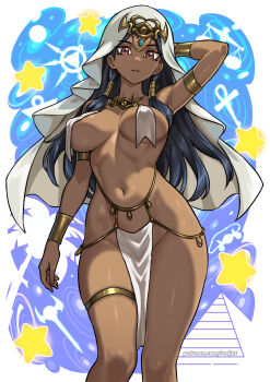 1girl arm_at_side arm_behind_head arm_up armlet black_hair blue_gem breast_curtains breasts brown_eyes clip_studio_paint_(medium) closed_mouth commentary commentary_request dark-skinned_female dark_skin english_commentary eye_of_horus feet_out_of_frame forehead_jewel gem gold_armlet gold_bracer gold_thighlet hair_tubes highres ishizu_ishtar jewelry large_breasts long_hair looking_at_viewer making-of_available millennium_key millennium_necklace millennium_puzzle millennium_ring millennium_rod millennium_scale mixed-language_commentary navel palm_tree patreon_username pelvic_curtain pyramid_(structure) redjet revealing_clothes solo standing star_(symbol) thighlet tree veil very_long_hair watermark web_address white_veil yu-gi-oh! yu-gi-oh!_duel_monsters