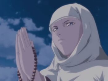 1girl 2008 animated animated_gif anime_screenshot bead_necklace beads bible_black bible_black:_restored bible_black_new_testament cloud cloudy_sky jewelry lowres mature_female monk morning necklace praying purple_eyes religious robe shin_bible_black sky smile sunlight sunrise tagme takashiro_hiroko veil