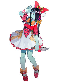 Rule 34 | 1girl, absurdres, blue skin, bone print, bow, colored skin, commentary, hair bow, hair over one eye, highres, holding, holding knife, knife, linween, long hair, original, simple background, solo, symbol-only commentary, symbol-shaped pupils, white background, x-shaped pupils