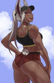 1girl :p animal_ears ass back black_sports_bra blush boku_no_hero_academia brown_eyes cloud dark-skinned_female dark_skin eyelashes gud0c hand_on_own_hip highres looking_at_viewer looking_back mirko muscular muscular_female ponytail rabbit_ears rabbit_girl rabbit_tail slit smile solo sports_bra sweat tail teeth tongue tongue_out veins visor_cap white_hair