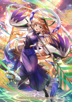 1girl anne_(wixoss) black_shoes blue_eyes bow brown_hair copyright_notice dress green_bow hokuyuu holding holding_staff japanese_clothes looking_at_viewer official_art purple_dress shoes shrine solo staff wixoss