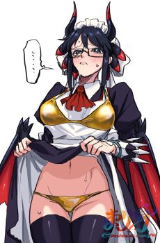 1girl bikini bikini_over_clothes black_dress black_hair black_horns black_wings blue_eyes clothes_lift cowboy_shot dragon_girl dragon_horns dragon_wings dress dress_lift duel_monster glasses gold_bikini highres horns house_dragonmaid low_wings maid maid_headdress red_wings solo swimsuit tokiwajing wings yu-gi-oh!