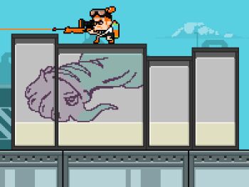 2boys 2girls animated animated_gif bike_shorts billboard blue_eyes blue_hair blue_sky blue_theme cloud day fake_screenshot fine_art_parody goggles inkling inkling_boy inkling_girl inkling_player_character jonroru monster_boy monster_girl multiple_boys multiple_girls nihonga nintendo orange_eyes orange_hair orange_theme paint paint_roller parody pixel_art roller sky sniper splatoon_(series) splatoon_1 squid topknot ukiyo-e