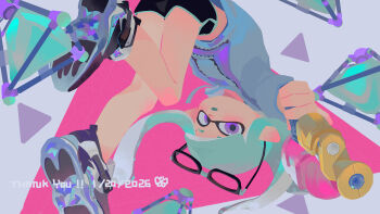Rule 34 | 1girl, aiming, aqua hair, blue shirt, cobii illu, colored shoe soles, colored tongue, commentary, dated, dolphin shorts, dynamic pose, eye mask, eyewear on head, gradient hair, highres, hime cut, inkling, inkling girl, inkling player character, leg up, mask, midriff peek, multicolored hair, nintendo, open mouth, pink background, pointy ears, purple background, purple eyes, shirt, shoe soles, shoes, short eyebrows, shorts, sneakers, solo, splat bomb (splatoon), splatoon (series), splatoon 3, splattershot (splatoon), suction cups, tentacle hair, tentacles, triangle background, upside-down