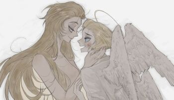 Rule 34 | 1boy, 1girl, angel, angel wings, blonde hair, blush, couple, face-to-face, feathered wings, hair slicked back, hazbin hotel, hellaverse, husband and wife, lilith (hazbin hotel), long hair, lucifer morningstar (hazbin hotel), nude, smile, tppiiiiqqt, wings