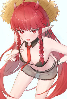 1girl arknights bikini black_bikini braid breasts chinese_commentary commentary_request detached_collar english_text hat highres horns leaning_forward long_hair looking_at_viewer necktie official_alternate_costume open_mouth pointy_ears red_eyes red_hair runyo_(yale12312) solo straw_hat swimsuit textless_version twin_braids very_long_hair vigna_(arknights)