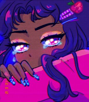 1girl \||/ apple_hair_ornament artist_self-insert blue_background blue_nails chromatic_aberration close-up commentary covered_mouth crying crying_with_eyes_open dark-skinned_female dark_skin english_commentary eyeshadow film_grain food-themed_hair_ornament hair_ornament hairclip hand_on_own_arm highres long_hair long_sleeves looking_at_viewer makeup nail_polish original pink_eyes pink_eyeshadow pink_shirt purple_hair shirt sidelocks simple_background solo tears thuminnnoo