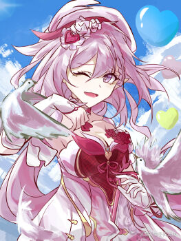 1girl balloon beret bird bird_on_hand blue_sky breasts chinese_commentary commentary_request diamond-shaped_pupils diamond_(shape) dove dress elf elysia_(hi_love_elf)_(honkai_impact) elysia_(honkai_impact) gloves hat heart_balloon highres honkai_(series) honkai_impact_3rd large_breasts long_hair miyoushe_watermark one_eye_closed parted_lips pink_hair pointy_ears purple_eyes red_dress single_glove sky solo symbol-shaped_pupils two-tone_dress very_long_hair watermark white_dress white_gloves yu_ame_oku_hai