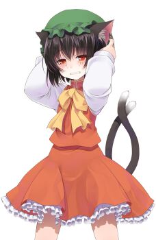 Rule 34 | 1girl, animal ear fluff, animal ears, arms behind head, arms up, blush, bow, brown hair, cat ears, cat girl, cat tail, chen, clenched teeth, commentary request, cowboy shot, crote, frilled skirt, frills, furrowed brow, green hat, half-closed eyes, hat, highres, large variant set, legs apart, long sleeves, looking at viewer, mob cap, multiple tails, nekomata, parted lips, petticoat, red eyes, red skirt, red vest, shirt, short hair, skirt, sleeve cuffs, sleeves past wrists, smile, standing, tachi-e, tail, tearing up, teeth, touhou, transparent background, two tails, variant set, vest, white shirt, yellow bow