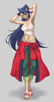 1girl absurdres adopot arms_up black_hair breasts capri_pants cleavage closed_mouth green_eyes highres long_hair looking_at_viewer mega_man_(series) mega_man_battle_network_(series) midriff pants sandals saw_hair_ornament shiraizumi_tamako standing very_long_hair wristband