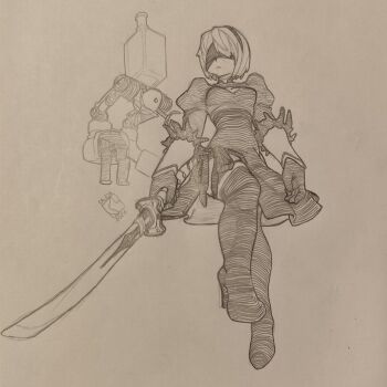 1girl 2b_(nier:automata) 2b_(nier:automata)_(cosplay) black_dress black_gloves black_hairband blindfold boots breasts cleavage_cutout clothing_cutout cosplay covered_eyes dress feather-trimmed_sleeves feather_trim gloves graphite_(medium) hairband hatching_(texture) highres juliet_sleeves leotard linear_hatching lineart long_sleeves mechanical_pencil monochrome nier nier:automata nier_(series) pencil photo_(medium) pod_(nier:automata) puffy_sleeves sergent_magnom short_hair sketch solo thighhighs thighhighs_under_boots thong_leotard traditional_media weapon white_hair white_leotard