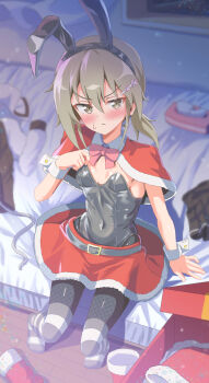 1girl absurdres alternate_costume animal_ears bed bedroom belt belt_buckle black_belt black_hairband black_leotard black_pantyhose blurry blush boots bow bowtie box breasts brown_eyes brown_hair buckle capelet christmas closed_mouth collar commentary_request covered_navel depth_of_field detached_collar fake_animal_ears fishnet_pantyhose fishnets flower frown fur-trimmed_boots fur-trimmed_capelet fur-trimmed_skirt fur_trim gift gift_box glaring hair_between_eyes hair_flower hair_ornament hairband hairclip hat highres indoors leotard long_hair looking_at_viewer low_ponytail masamune_mino medium_hair miniskirt minowa_gin no_shoes on_bed oversized_breast_cup pantyhose pillow pink_bow pink_bowtie playboy_bunny ponytail rabbit_ears red_bow red_bowtie red_capelet red_skirt santa_costume santa_hat sidelocks sitting skirt small_breasts solo strapless strapless_leotard striped_clothes striped_thighhighs sweat sweatdrop thighhighs tissue_box unworn_boots unworn_clothes v-shaped_eyebrows washio_sumi_wa_yuusha_de_aru white_collar white_wrist_cuffs wrist_cuffs yuusha_de_aru