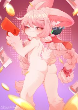 1girl :3 absurdres ahoge animal_ears animal_hands ass bad_tag braid completely_nude ear_piercing female_focus from_behind furry furry_female hair_ornament highres legs loli long_hair nude piercing pink_hair rabbit_ears rabbit_girl rabbit_tail sakneko solo standing tail thighs twin_braids zenless_zone_zero zhao_(zenless_zone_zero)