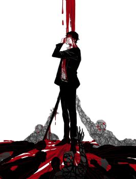 1boy arm_up belt black_eyes black_suit blood blood_drip blood_from_forehead blood_on_clothes blood_on_face blood_on_hands bloody_weapon collared_shirt corpse covering_own_mouth dripping formal_clothes full_body head_tilt highres holding holding_sword holding_weapon library_of_ruina male_focus people pile_of_corpses project_moon reaching reaching_towards_another roland_(project_moon) shirt silhouette solo standing suit sword weapon white_background white_shirt wuruko