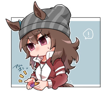 Rule 34 | !, 1girl, animal ears, beanie, beer hsk, border, brown hair, commentary request, ears through headwear, grey background, grey hat, gym shirt, hair between eyes, hat, holding, horse ears, horse girl, horse tail, jacket, long hair, mouth hold, nakayama festa (umamusume), notice lines, purple eyes, red jacket, shirt, solo, spoken exclamation mark, striped clothes, striped headwear, sweat, tail, track jacket, translation request, umamusume, upper body, vertical-striped clothes, vertical-striped headwear, white border, white shirt