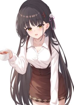 1girl absurdres ayabanka black_hair blush brown_skirt cafe_stella_to_shinigami_no_chou cup earrings flower hair_flower hair_ornament hair_ribbon hairclip high-waist_skirt highres holding holding_cup jewelry long_hair long_sleeves looking_at_viewer miniskirt mole mole_under_eye open_mouth parallel_hairclips pink_ribbon ribbon shiki_natsume shirt simple_background skirt solo stud_earrings suspender_skirt suspenders very_long_hair white_background white_shirt yellow_eyes