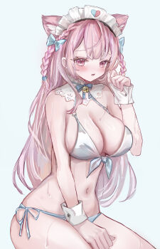 1girl absurdres animal_ears bare_shoulders bell bikini blue_background blue_bikini blue_bow blue_ribbon blush bow braid breasts cat_ears cat_girl cleavage collar commentary detached_collar fang front-tie_bikini_top front-tie_top hair_bow heart heart_print highres indie_virtual_youtuber jingle_bell large_breasts long_hair maid_headdress mismatched_bikini navel neck_bell neck_ribbon open_mouth pink_eyes pink_hair ribbon side-tie_bikini_bottom simple_background skin_fang solo stomach swimsuit symbol-only_commentary teruteruteru190 thighs two_side_up virtual_youtuber white_bikini white_collar white_wrist_cuffs wrist_cuffs yuuki_sakuna