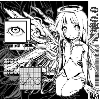 Rule 34 | 1girl, 9 ron23, android, black background, error message, exposed bone, flat chest, greyscale, halo, joints, long hair, mechanical wings, monochrome, navel, original, parted lips, ribs, seiza, sitting, solo, window (computing), wings, zoom layer