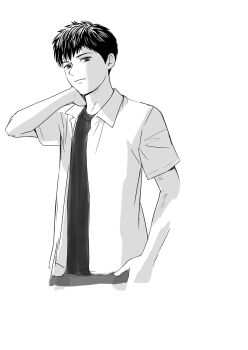 1boy absurdres black_eyes black_hair black_shirt closed_mouth commentary_request disgust greyscale half-sleeves hand_on_own_hip hand_on_own_neck highres looking_at_viewer monochrome open_clothes open_shirt original rounded_collar school_uniform shaded_face shirt short_hair simple_background sketch standing tsukuyomi0114 white_background