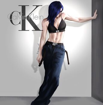 arcane:_league_of_legends blue_hair bra breasts caitlyn_(league_of_legends) calvin_klein denim gulpberries highres jeans league_of_legends modeling pants sports_bra underwear