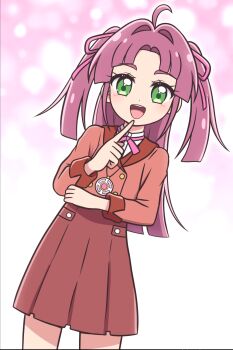 Rule 34 | 1girl, :d, ahoge, blazer, blunt bangs, blunt ends, blush, buttons, commentary, cowboy shot, crossed arms, double-breasted, dutch angle, finger to own chin, gradient background, green eyes, hair intakes, hair ribbon, hand up, highres, index finger raised, jacket, jewelry, karon-t, kobayashi mikuru, long hair, long sleeves, looking at viewer, meitantei precure!, miniskirt, neck ribbon, open mouth, parted bangs, pendant, pink background, pink ribbon, pleated skirt, precure, purple hair, red jacket, red skirt, ribbon, school uniform, shirt, sidelocks, skirt, smile, solo, standing, teeth, thick eyebrows, two side up, upper teeth only, white background, white shirt