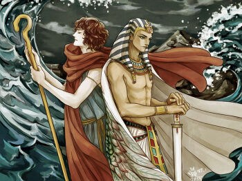 2boys ancient_egyptian ancient_egyptian_clothes beng_ji black_eyeliner blue_tunic brown_hair chinese_commentary cloak commentary_request dated eyeliner holding holding_staff holding_sword holding_weapon makeup male_focus moses_(bible) mountain multiple_boys pharaoh ramesses_ii red_cloak signature staff sword the_bible the_prince_of_egypt topless_male tunic water weapon