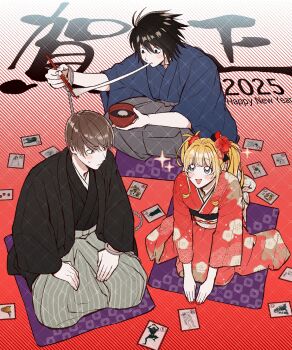 Rule 34 | 1girl, 2boys, :d, amane misa, black hair, black kimono, blonde hair, blue kimono, blush, brown hair, death note, eating, floral print, floral print kimono, highres, japanese clothes, kasuya86, kimono, kneeling, l (death note), long sleeves, messy hair, multiple boys, obi, open mouth, print kimono, red kimono, sash, short hair, sitting, smile, wariza, watermark, yagami light