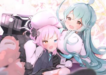 2girls absurdres abydos_high_school_logo age_difference ahoge aqua_hair aqua_necktie bag bandaid bandaid_on_thigh blue_archive blue_eyes blue_hair blue_necktie blurry blurry_foreground blush breasts bulletproof_vest depth_of_field hair_between_eyes halo heterochromia highres hoshino_(blue_archive) hoshino_(first_year)_(blue_archive) huge_ahoge large_breasts long_hair long_sleeves multiple_girls necktie onee-loli open_mouth pink_hair pink_halo sakurano_rocco school_uniform shirt skirt smile utility_vest vest white_shirt yellow_eyes yellow_halo yume_(blue_archive) yuri