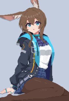 1girl amiya_(arknights) animal_ear_fluff animal_ears arknights ascot black_jacket blue_ascot blue_collar blue_eyes blue_skirt brown_hair brown_pantyhose collar grey_background hair_between_eyes highres hood hood_down hooded_jacket jacket jewelry kaebicrab long_hair long_sleeves looking_at_viewer multiple_rings open_clothes open_jacket pantyhose pixel_art plaid_clothes plaid_skirt rabbit_ears rabbit_girl ring shirt shirt_tucked_in simple_background single_floppy_ear sitting skirt solo thumb_ring white_shirt yokozuwari