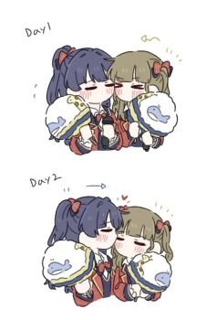 Rule 34 | > <, 2girls, 5th live tour ~4pair power spread!!!!~, arrow (symbol), black vest, bow, bowtie, brown hair, cheek-to-cheek, closed eyes, collared shirt, commentary, comparison, cotton candy, dollchestra, flying sweatdrops, food, heads together, heart, holding, holding cotton candy, holding food, holding microphone, jacket, kachimachi kosuzu, kissing head, link! like! love live!, love live!, microphone, multiple girls, murano sayaka, notice lines, official alternate costume, open clothes, open jacket, ponytail, raised inner eyebrows, red bow, red bowtie, red jacket, shirt, simple background, sugar melt (love live!), symbol-only commentary, taiyou de are!, twintails, vest, virtual youtuber, white background, white shirt, zueka27