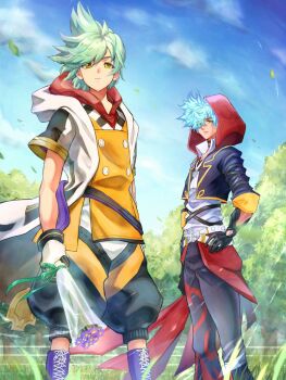 2boys another_eden aqua_hair black_gloves black_jacket black_pants blue_sky boots bouquet buttons cape closed_mouth cloud cloudy_sky collared_shirt commentary_request cropped_jacket dewey_(another_eden) double-breasted dual_persona falling_leaves feet_out_of_frame flower gloves gold_trim green_hair hair_between_eyes hanada_nadako hand_on_own_hip highres holding holding_bouquet hood hood_down hood_up hooded_jacket jacket leaf male_focus multiple_boys outdoors pants purple_boots red_cape red_hood shirt short_hair sky spiked_hair two-tone_gloves waist_cape white_gloves white_jacket white_shirt yellow_eyes