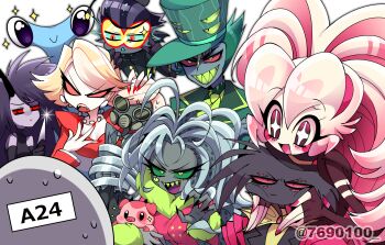 +_+ :d :| ahoge animal arackniss baxter_(hazbin_hotel) behind_another black_fur black_gloves black_hair black_hat black_horns black_jacket black_nails black_shirt blue_sclera bow bowtie breasts bright_pupils brother_and_sister brown_gloves character_request circle_facial_mark claw_pose cleavage closed_mouth collared_shirt colored_sclera colored_skin colored_teeth commentary_request demon_girl demon_horns earrings elbow_gloves extra_eyes eyelashes fangs fat_nuggets fedora fewer_digits fingerless_gloves fingernails fins fur-trimmed_jacket fur-trimmed_sleeves fur_trim gas_mask gloves goggles green_eyes green_hat green_jacket green_sclera green_teeth grey_hair grey_jacket grey_skin grin hairband hands_on_another&#039;s_cheeks hands_on_another&#039;s_face hat hazbin_hotel head_fins hellaverse high_ponytail highres holding holding_animal horns jacket jewelry jitome katie_killjoy lapels layered_sleeves long_fingernails long_hair looking_ahead mask menattou molly_(hazbin_hotel) multicolored_hair multiple_boys multiple_girls necktie open_mouth pig pink_hair pink_hairband pink_jacket pink_nails ponytail red_eyes red_nails red_necktie red_sclera red_shirt sharp_fingernails sharp_teeth shirt short_hair siblings simple_background sleeveless sleeveless_shirt sleeveless_turtleneck small_breasts smile sparkle streaked_hair sweat tareme teeth tom_trench tongue traditional_bowtie tsurime turtleneck turtleneck_shirt twitter_username two-tone_hair upper_body upper_teeth_only v-shaped_eyebrows very_long_hair very_short_hair white_background white_fur white_hair white_pupils white_skin yellow_bow yellow_bowtie yellow_shirt
