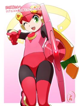 1girl artist_request blonde_hair bodysuit commission gloves green_eyes heart helmet leotard long_hair looking_at_viewer mega_man_(series) mega_man_battle_network_(anime) mega_man_battle_network_(series) netnavi one_eye_closed open_mouth pink_bodysuit pink_helmet pink_leotard roll.exe_(mega_man) skeb_commission smile solo thighhighs