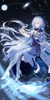 1girl absurdres breasts colored_eyelashes commentary dress earrings english_commentary hair_ornament halo hand_up highres id_card jacket jewelry lany-yuyu-1097 long_hair mornye_(wuthering_waves) parted_lips prosthesis prosthetic_leg purple_dress red_eyes small_breasts solo thighs triangle_earrings white_jacket wuthering_waves