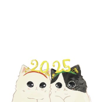 Rule 34 | 2025, animal, animal focus, baby animal, black fur, blush, cat, commentary, english commentary, headband, highres, kitten, multicolored cat, new year, no humans, original, side-by-side, simple background, sparkling eyes, star (symbol), titsay, upper body, white background, white fur