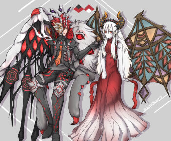 1boy 1girl aluber_(yu-gi-oh!) aluber_the_jester_of_despia black_pants blazing_cartesia_the_virtuous closed_mouth dragon_boy dragon_girl dragon_horns dragon_wings dress duel_monster ecclesia_(yu-gi-oh!) hair_between_eyes hair_ornament half_mask horns jewelry long_hair looking_at_another mask pants red_dress red_hair sleeveless sleeveless_dress the_bystial_aluber twitter_username very_long_hair white_hair wings yoruno_tori3 yu-gi-oh!