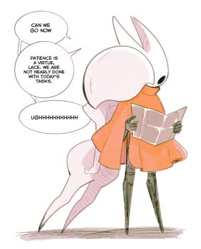 2girls ange_(angeban93) arthropod_girl cloak english_text highres holding holding_map hollow_knight hollow_knight:_silksong hornet_(hollow_knight) lace_(hollow_knight) map multiple_girls red_cloak white_hair