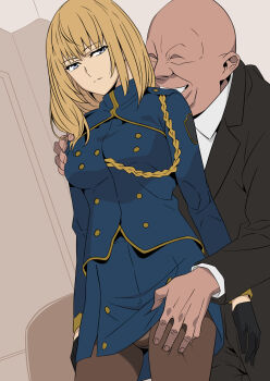 1boy 1girl aji_n blonde_hair chikan clothes_lift commentary_request dark-skinned_male dark_skin disgust expressionless fat fat_man fate/strange_fake fate_(series) gloves grey_eyes groping highres indoors long_hair military_uniform molestation panties panties_under_pantyhose pantyhose sexual_harassment skirt skirt_lift snowfield_police_uniform ugly_bastard underwear vera_levitt yamada_yuukei_(style)